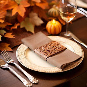 Laser engraved Thanksgiving table setting with intricate designs.