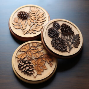 Laser engraved autumn-themed coasters with fall leaves design.