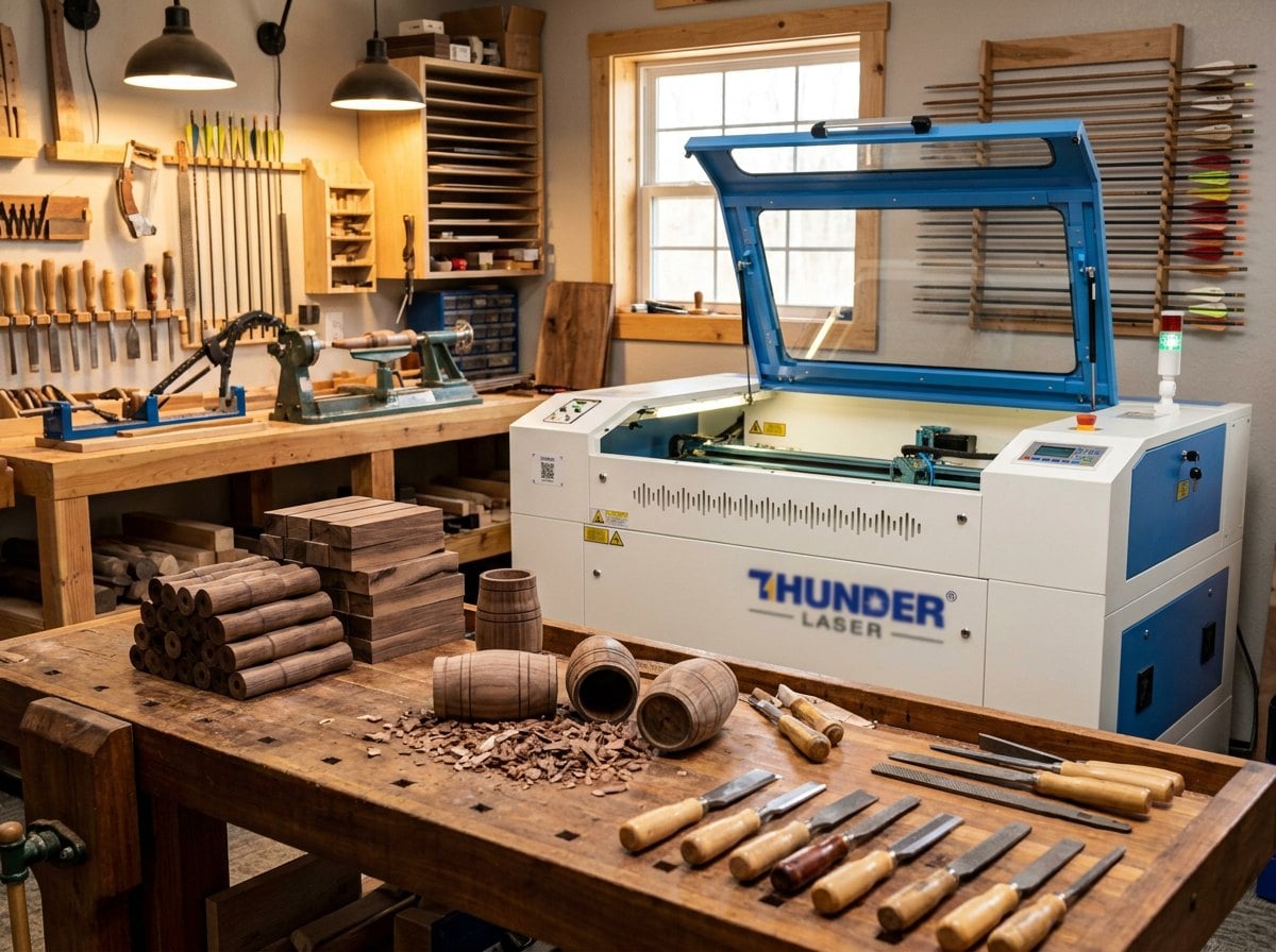 Thunder Laser Nova Plus engraving walnut game call blanks in a wood shop
