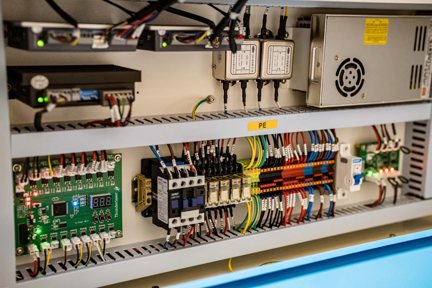 Labeled wiring inside a Thunder Laser electrical cabinet